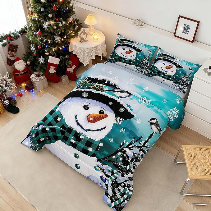 Feelyou Kids Christmas Theme Decorations Bedding Set Xmas Snowman Comforter Set for Boys Girls Watercolor Teal Bedroom Collection King Size
