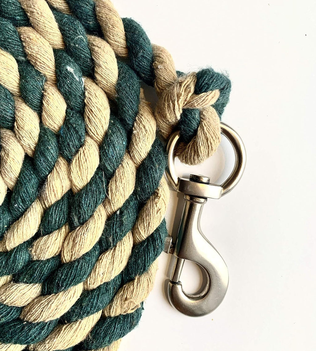 Majestic Ally Pack of 2 Solid Cotton Lead Rope for Horses & Livestock – 10 Foot Long and 5/8 inch Thick - Replaceable Heavy-Duty Satin Bolt Snap – Handmade – Soft, Broken in Feel (Hunter Green -Tan)