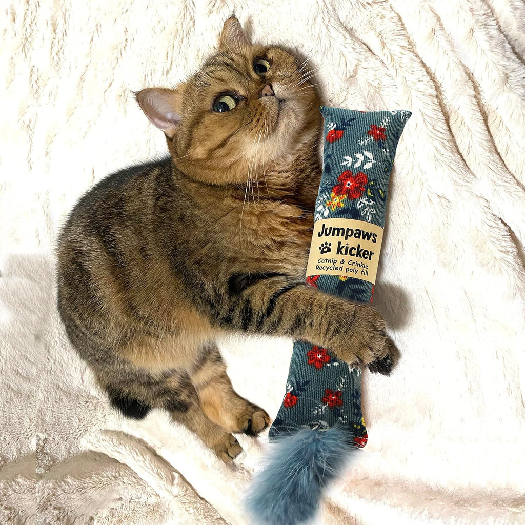 2 Pack Natural Interactive Catnip & Silvervine Cat Kicker with Feathers, Bite Resistant Chew Toy, Crinkle Kicker, Accessories for Indoor Cat, Premium Corduroy Floral