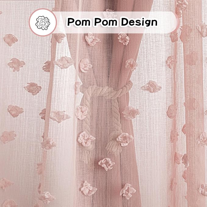 MYSKY HOME Pink Curtains for Bedroom 72 Inches Long Nursery Curtains Pom Pom Pink Sheer Curtains for Girls Room Double Layer for Toddler Bedroom Grommet Room Darkening Window Panels 52 x 72 Inch