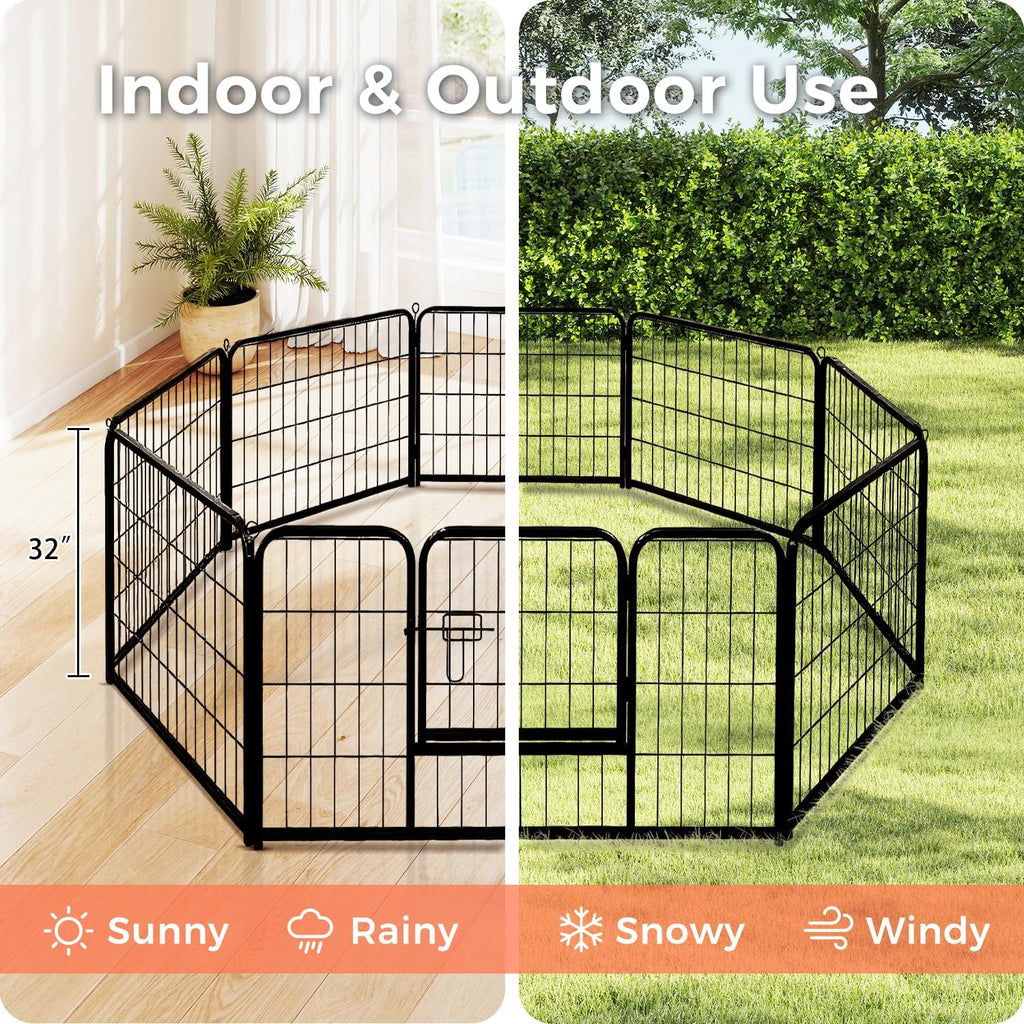 32 Inch Dog Playpen - 8 Panels Metal Pet Exercise Pen for Small-Medium Dogs, Indoor/Outdoor Dog Fence for Yard, Garden, Camping & RV Travel