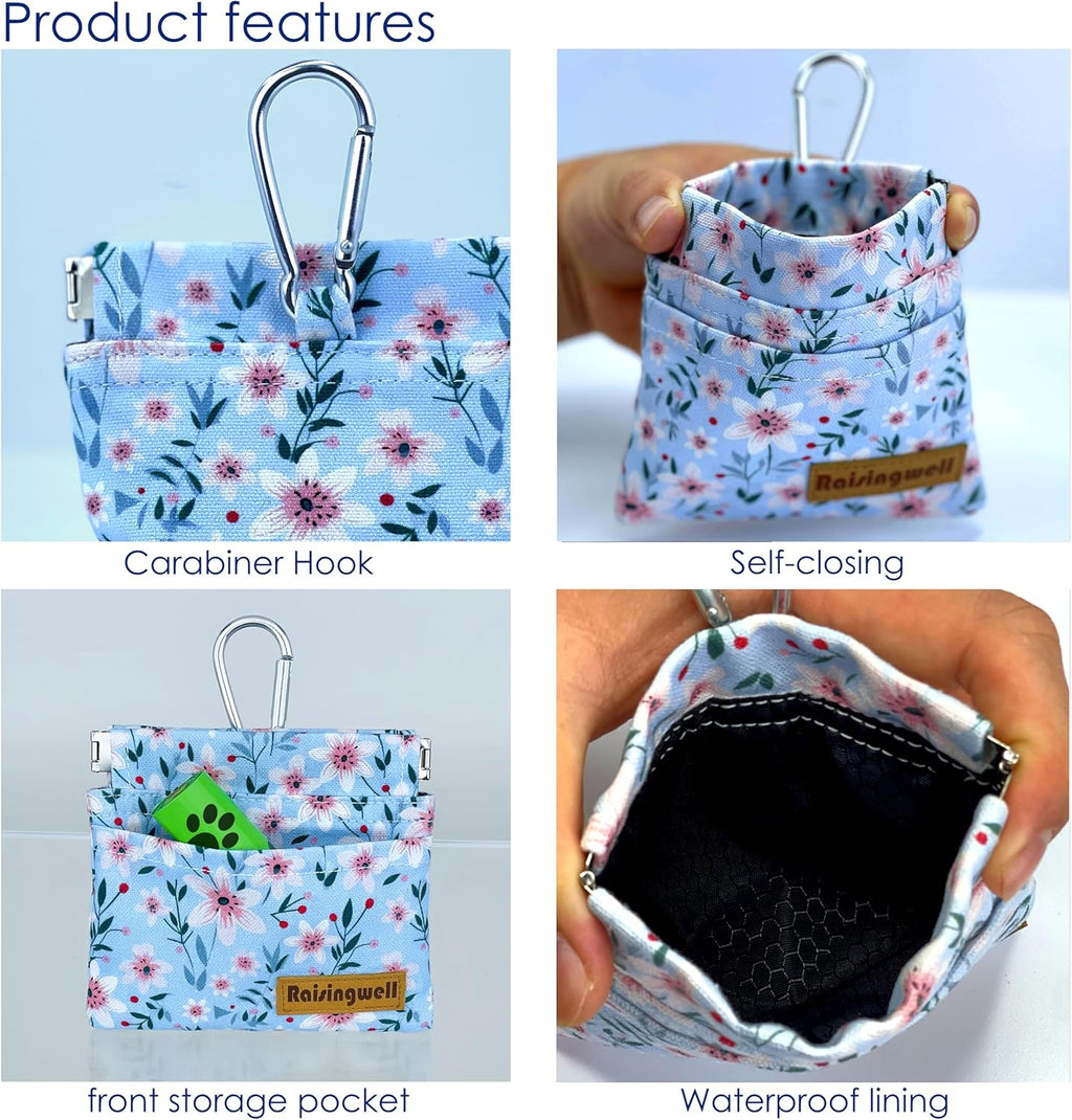 Dog Treat Pouch, Small Cotton Pocket Sized Training Holder, Hand Free Walking Fanny Bag with Carabiner, Self-Closing Pet Feed Snack Reward, Behavior Aids for Puppy Travel or Outdoor Use