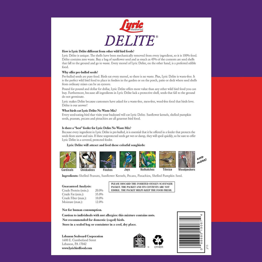 Lyric Delite Wild Bird Seed - No Waste Bird Food Mix with Shell-Free Nuts & Seeds - Attracts Buntings, Chickadees & Finches - 5 lb bag