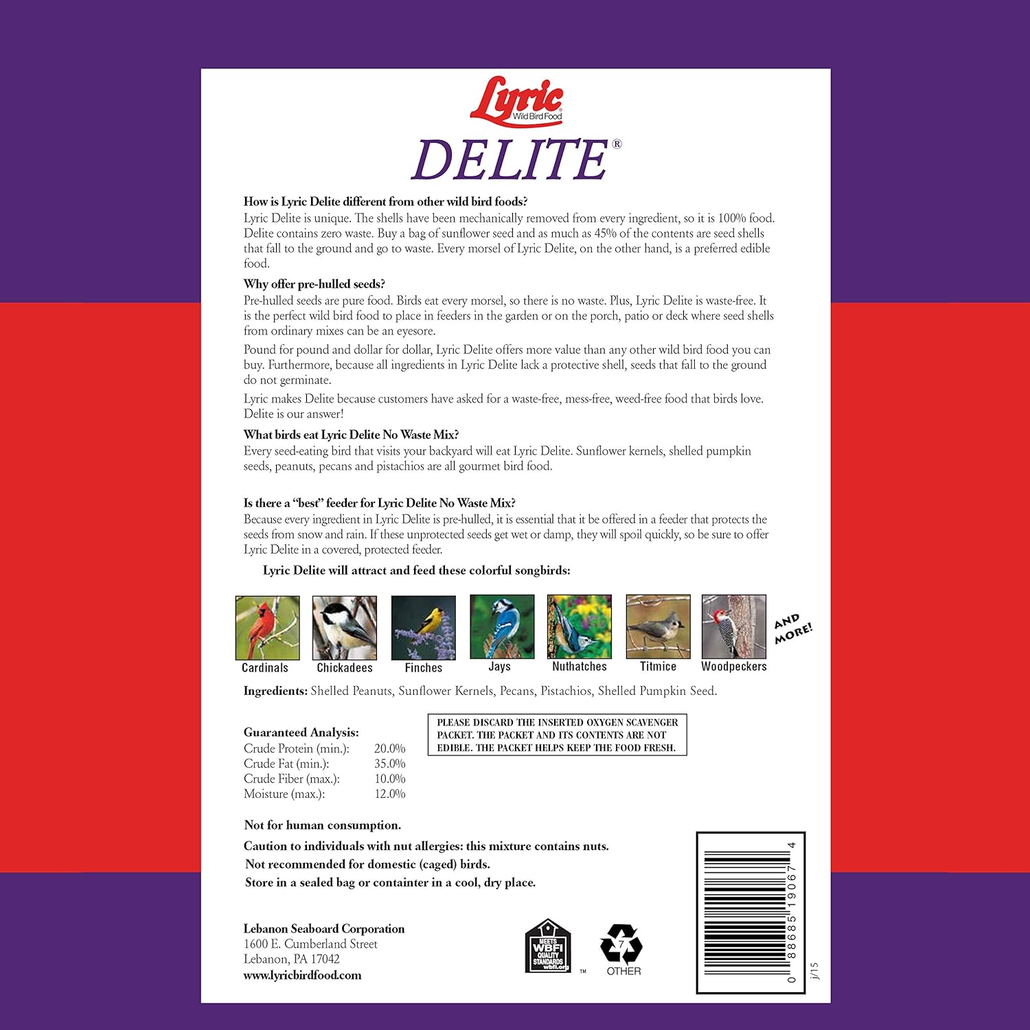 Lyric Delite Wild Bird Seed - No Waste Bird Food Mix with Shell-Free Nuts & Seeds - Attracts Buntings, Chickadees & Finches - 5 lb bag