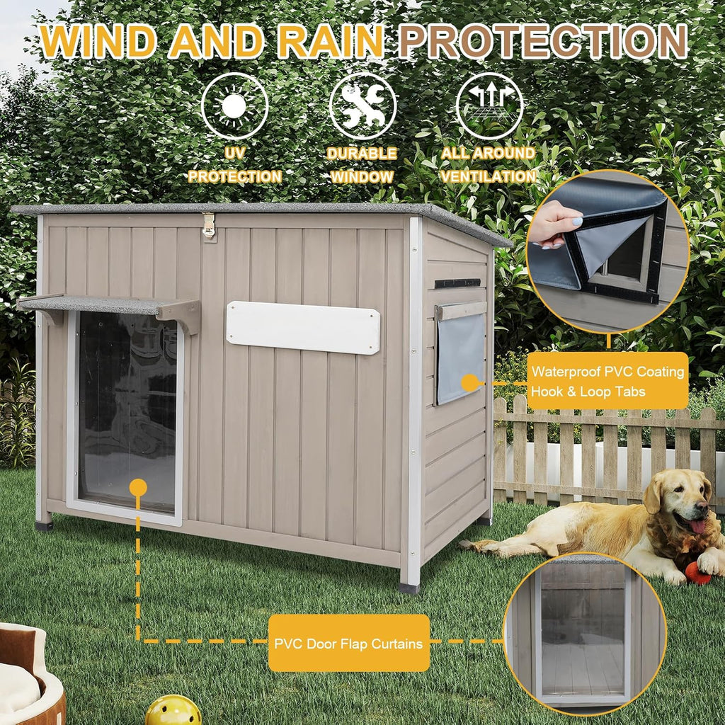 Weatherproof Outdoor Dog House, Wooden Puppy Shelter with Anti-Chewing Iron Frame and Elevated Floor, Sturdy Dog Kennel for Small, Medium & Large Dogs, Grey (Gray, 40" L x 26" W x 31" H)