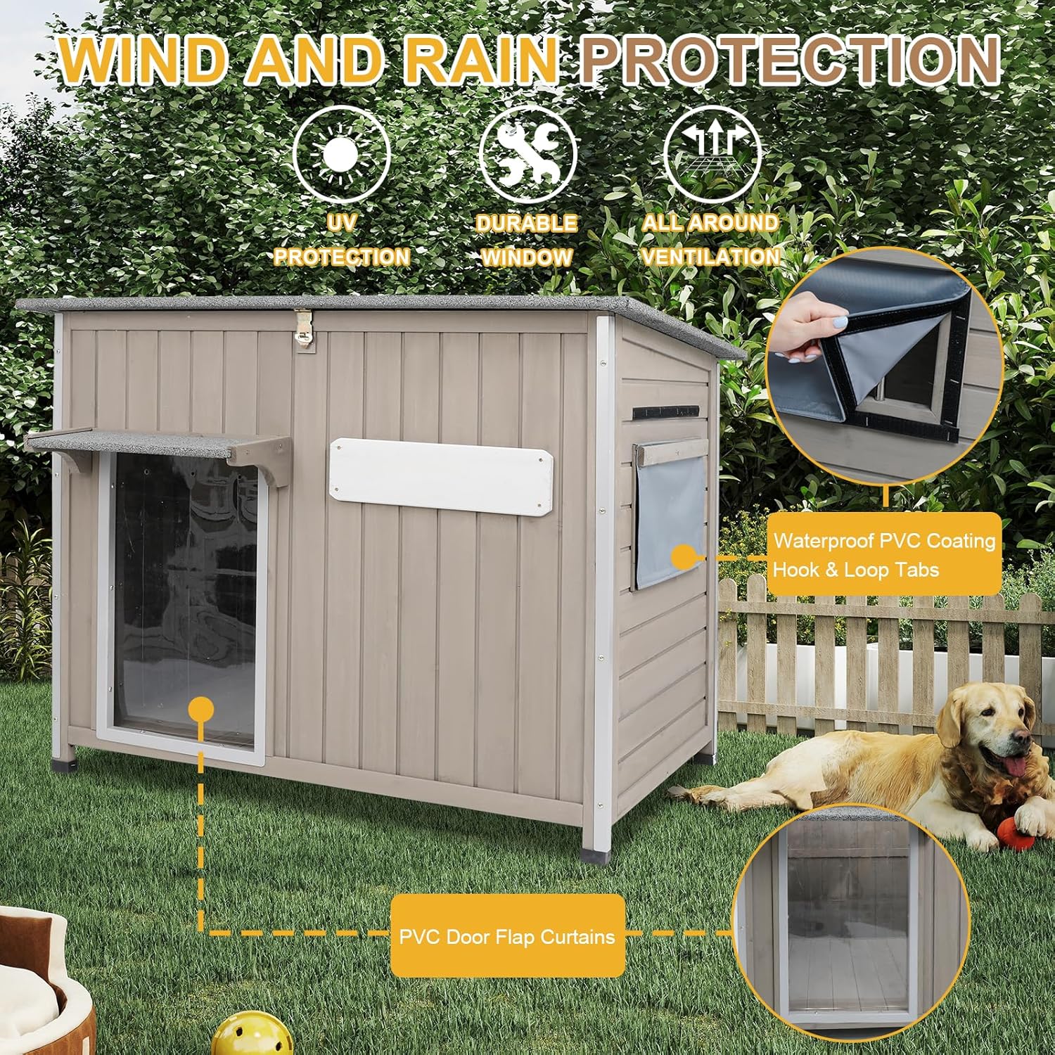 Weatherproof Outdoor Dog House, Wooden Puppy Shelter with Anti-Chewing Iron Frame and Elevated Floor, Sturdy Dog Kennel for Small, Medium & Large Dogs, Grey (Gray, 40" L x 26" W x 31" H)