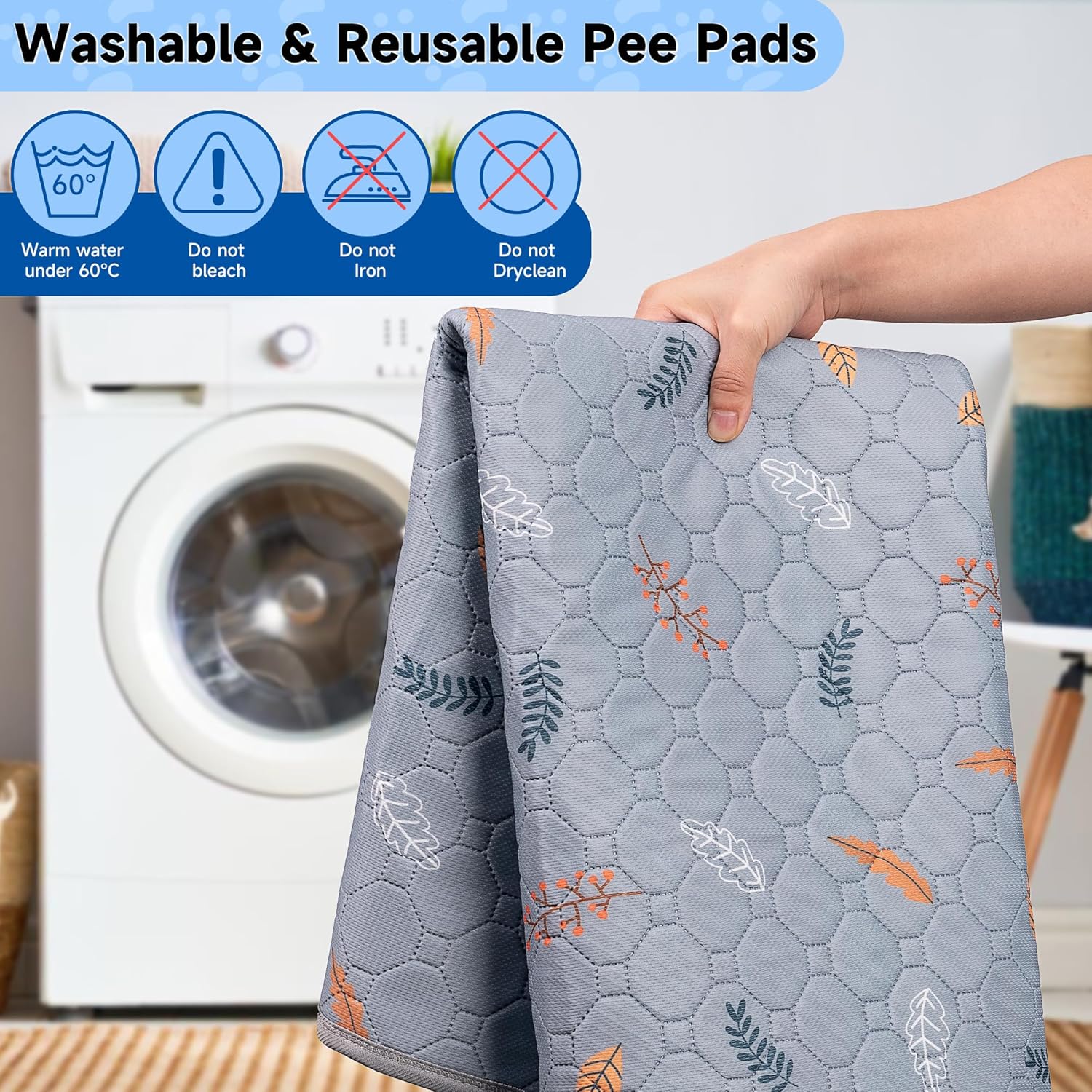 Sunheir Washable Pee Pads for Dogs 2-Pack Reusable Puppy Pads Pet Training Pads, Waterproof Dog Pee Pads for Crate, Whelping Pad, Non-Slip Protects Against Urine Leakage (Leaves - Light Grey, 24x36)