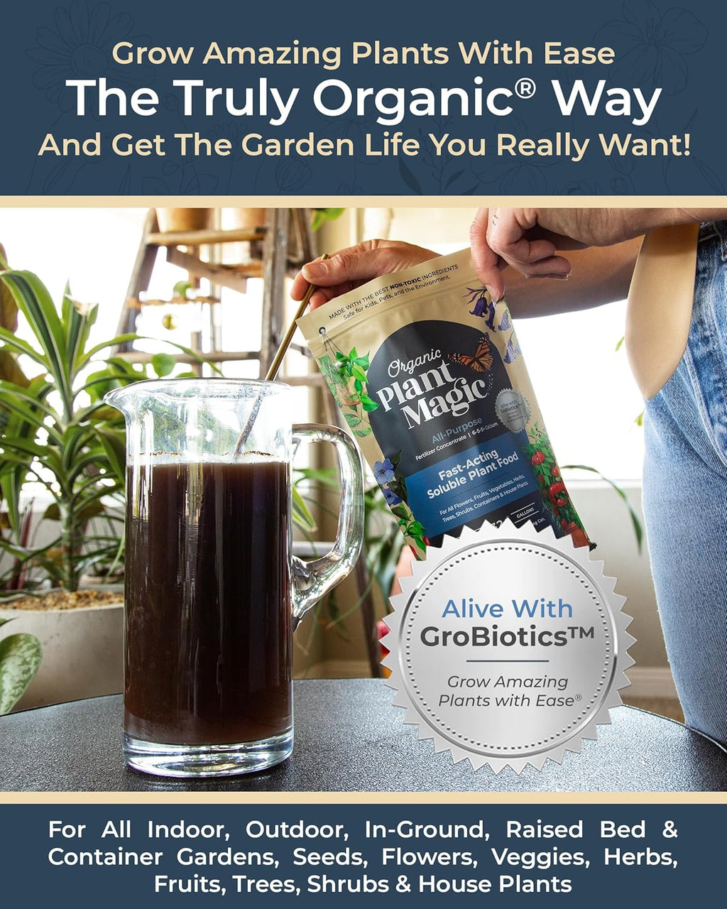 Organic Plant Magic - Truly Organic™ Fast-Acting Soluble Plant Food: All-Purpose Fertilizer Concentrate for All Flower Vegetable Herb Fruit Tree Shrub Container Garden & House Plants [One 1 lb Bag]