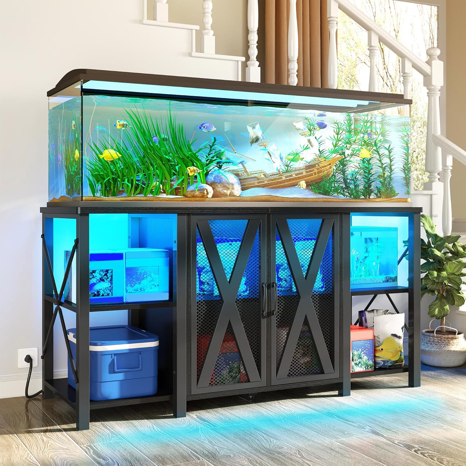 DWVO Reptile Tank Stand Aquarium Stand with Power Outlet & LED Light, 75/90/120 Gallon Terrarium Stand Cabinet - Heavy Duty Fish Tank Stand for Turtle Tank, Reptile Terrarium, 2000LBS Capacity, Black