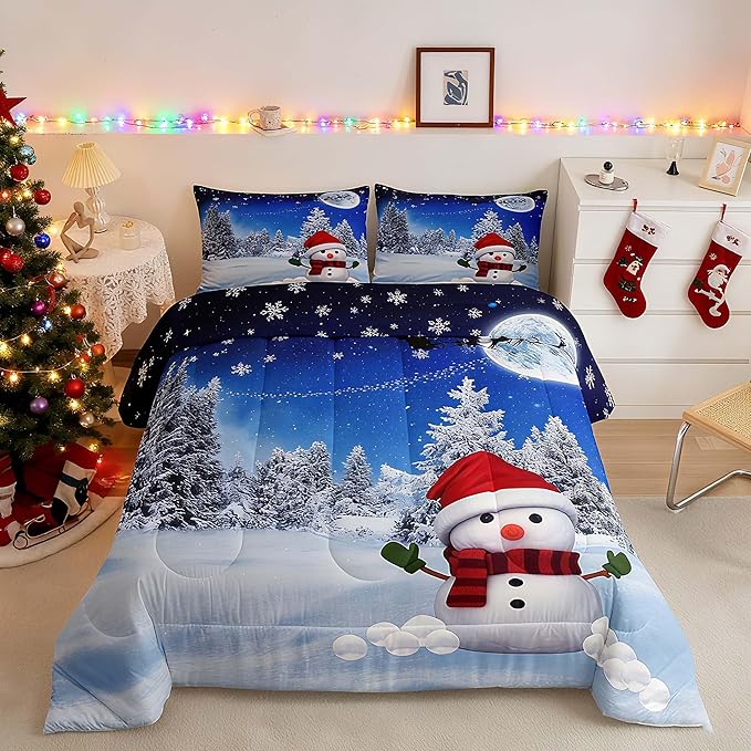 Feelyou Christmas Comforter Set Snowman Decorations Bedding Set for Kids Boys Girls Xmas Winter Decor Blue Quilt Room 3Pcs Queen Size