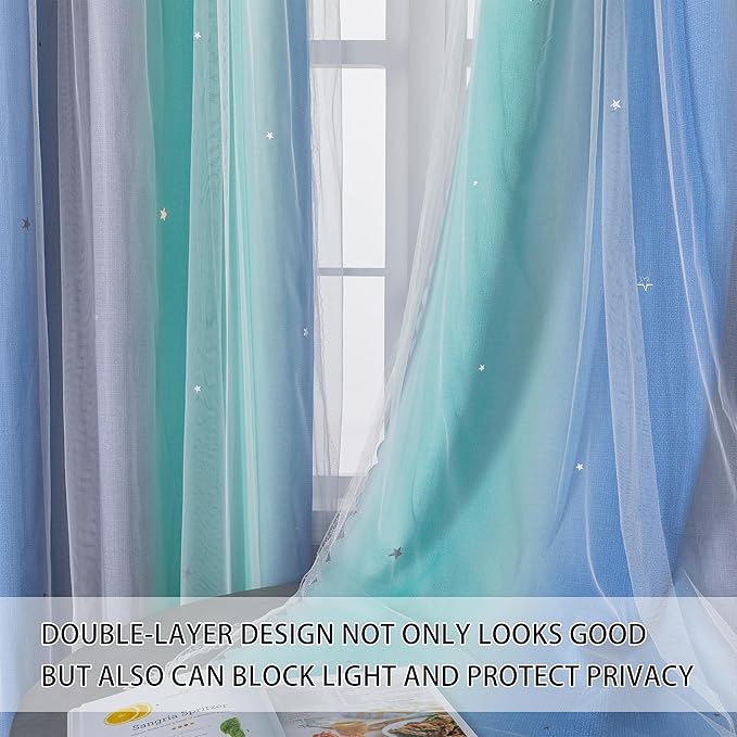 XiDi Blackout Curtains for Girls Bedroom 45 Inch Length 2 Panels Rainbow Kids Grommet Window Drapes for Nursery Living Room Decro Princess Unicorn Wall Decals Blue Green Grey 34 Inches Wide