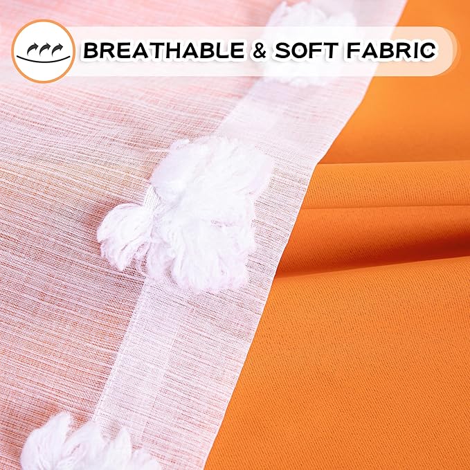 MYSKY HOME Bedroom Curtains Orange Blackout Curtains for Nursery Kids Room 63 Inch Long Double Layer Curtains for Daughter Room White Pom Pom Sheer Grommet Room Darkening Window Curtains, 52" x 63"