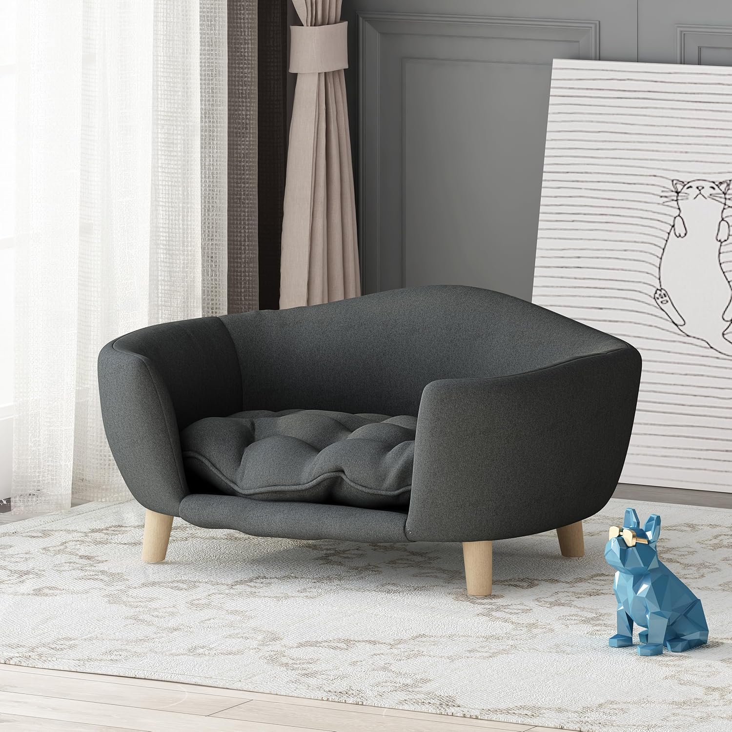 Christopher Knight Home Elroy Orthopedic Dog Bed, Elevated Dog Sofa Bed for Small Dog, Supportive Foam Pet Couch Bed with Wooden Legs, Modern Pet Sofa Bed, Dark Gray