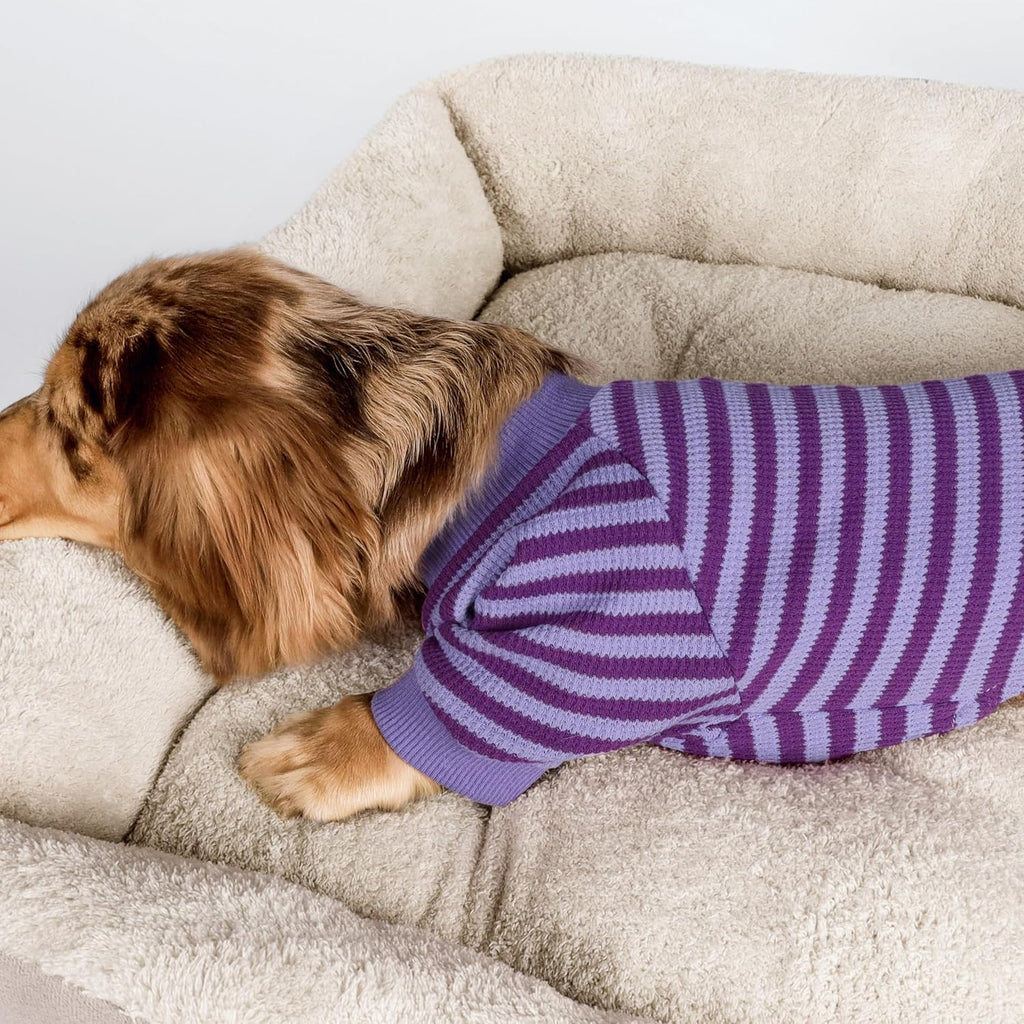 Fitwarm Purple and Violet Striped Dog Pajamas, Waffle Dog Clothes for Small Dogs Girl Boy, Puppy Onesie with Feet, Pet Cat Outfit, Small