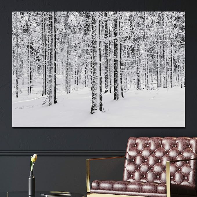 SIGNWIN Canvas Wall Art Winter Snow Covered Birch Trees on The Hillside Nature Forest Modern Art Traditional Scenic Dramatic Black and White for Living Room, Bedroom, Office - 12x18 inches