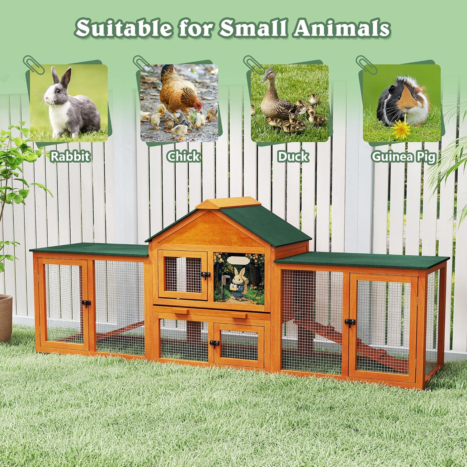 COZIWOW 82” Extra Large Fashion Wooden Outdoor Rabbit Hutch Bunny Cage Indoor Easy to Assemble and Durable with Cleaning Tray & Waterproof Roof for Small & Medium Bunny Rabbit Duck Chick (Orange)