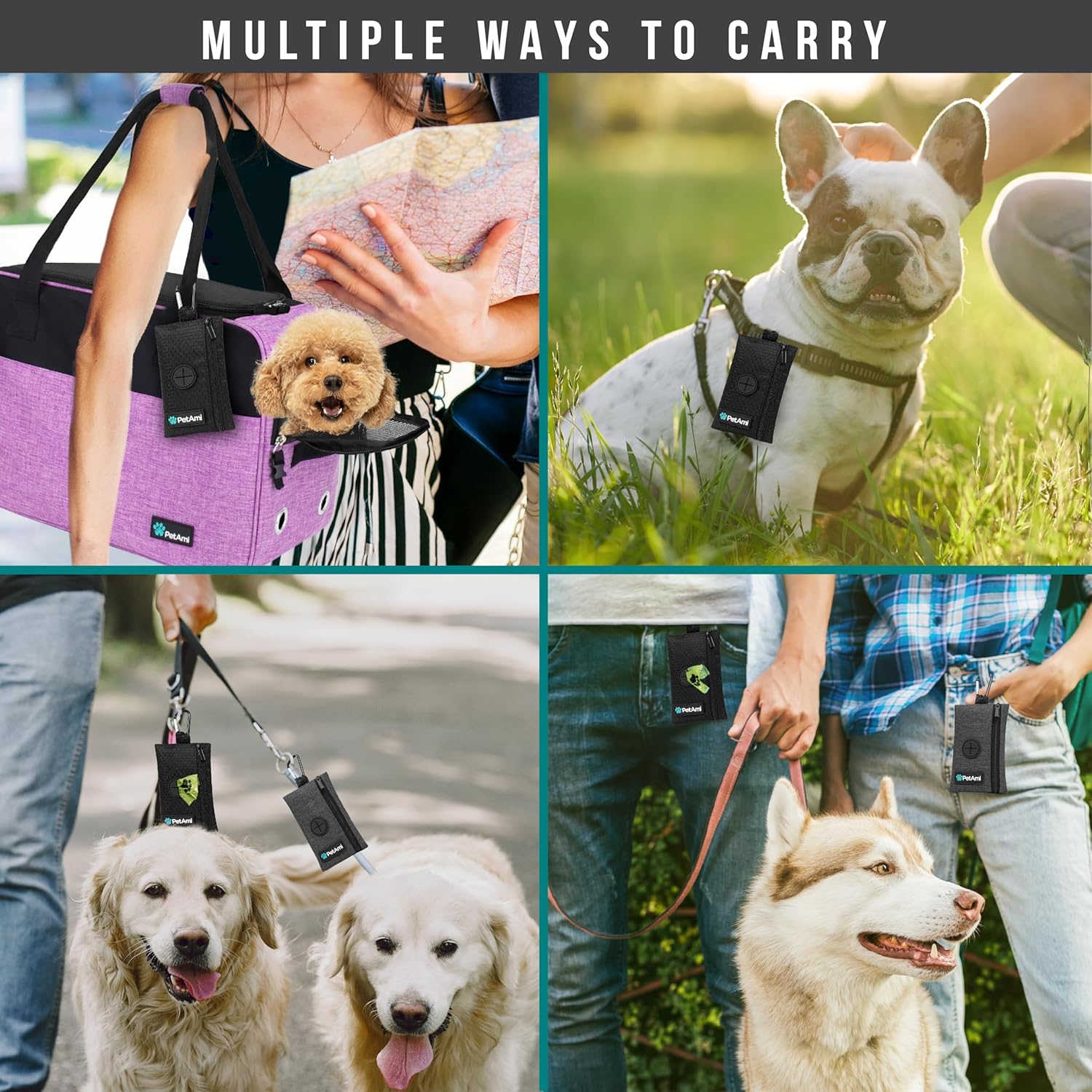 PetAmi Dog Poop Bag Holder for Leash, Dog Waste Bag Dispenser with Clip, Treat Pouch, Walking & Camping Accessories with Trash Bag Roll, Gray/Black 2 Pack
