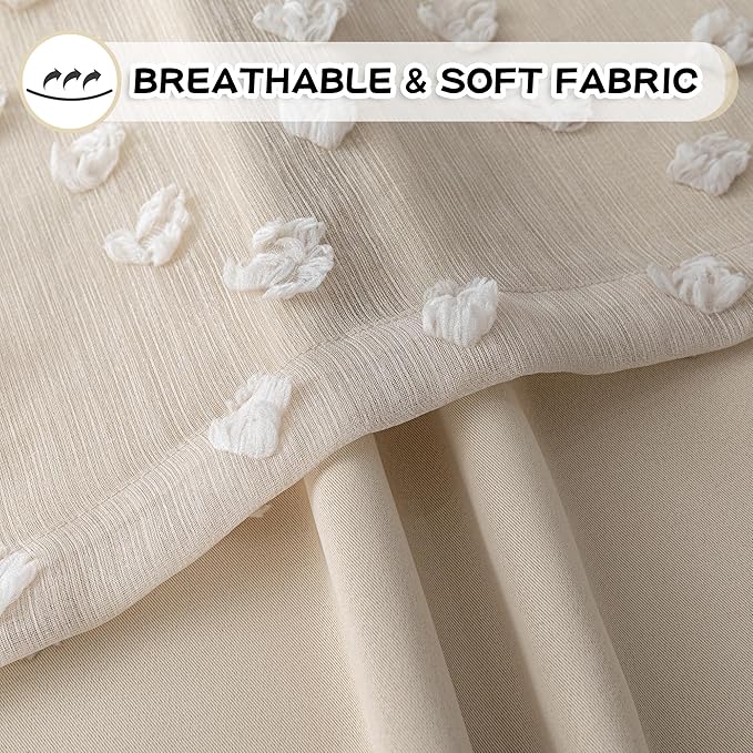 MYSKY HOME Beige Curtains for Bedroom 90 Inches Long Living Room Curtain with Beige Pom Pom Sheer for Dining Room Grommet Double Layer Nursery Curtain Toddler Room Darkening Window Drapes 52 Wide