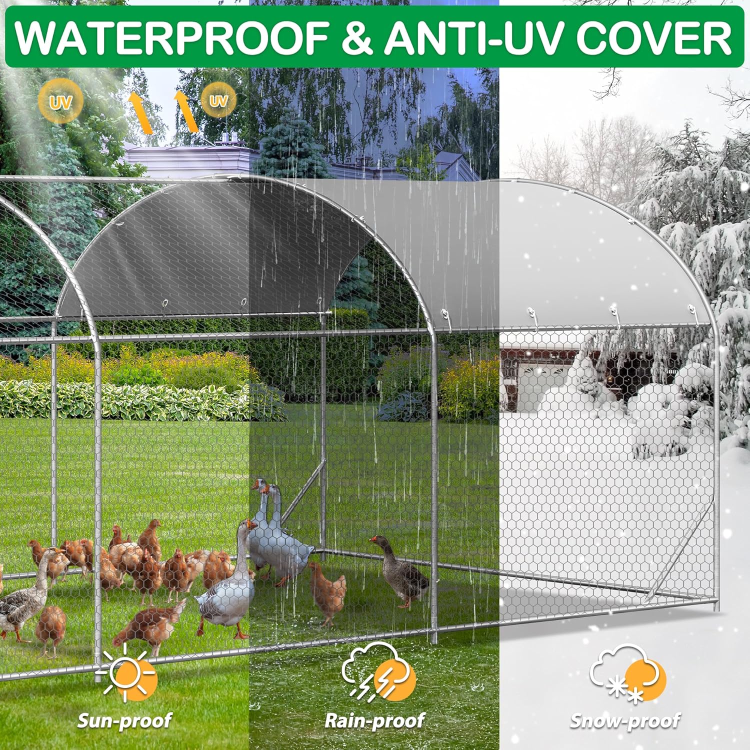 Large Metal Chicken Coop, Walk-in Chicken Run Pen with Waterproof Cover, Dome Roof Poultry Cage for Outdoor, Backyard, Farm (8.96'Wx18.9'Lx6.4'H)