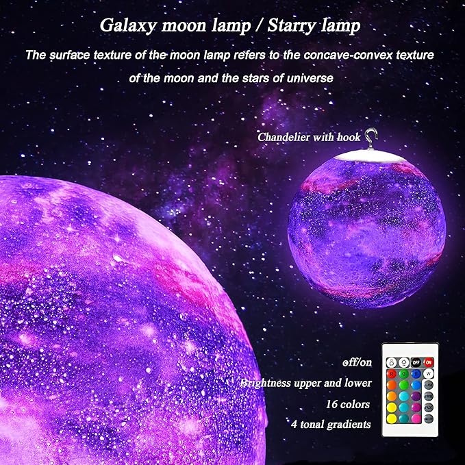 7.9 inch Large Moon Lamp Galaxy Starry Moon Night Light with Touch and Remote Control 16 Colors as Cool Lamp Gift for Boys or Girls