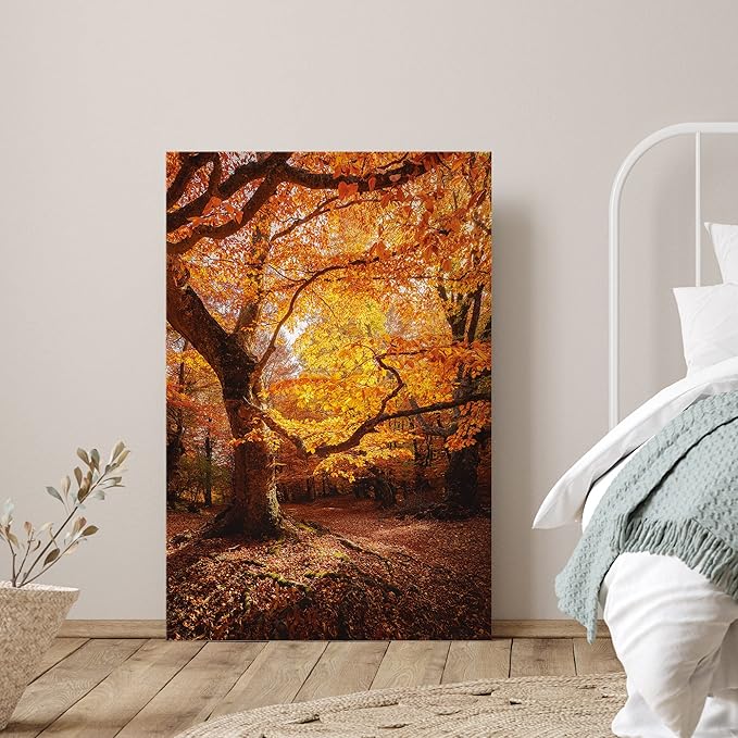 SIGNWIN Canvas Print Wall Art Autumn Red Leaf Oak Tree Forest Nature Wilderness Photography Modern Art Farmhouse/Country Landscape Colorful Multicolor Ultra for Living Room, Bedroom, Office - 32x48