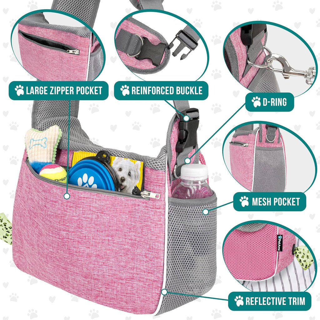 PetAmi Small Dog Sling Carrier, Soft-Sided Crossbody Puppy Carrying Purse Bag, Adjustable Sling Pet Pouch to Wear Medium Dog Cat Travel, Dog Bag for Traveling, Poop Bag Dispenser, Max 10 lbs, Pink