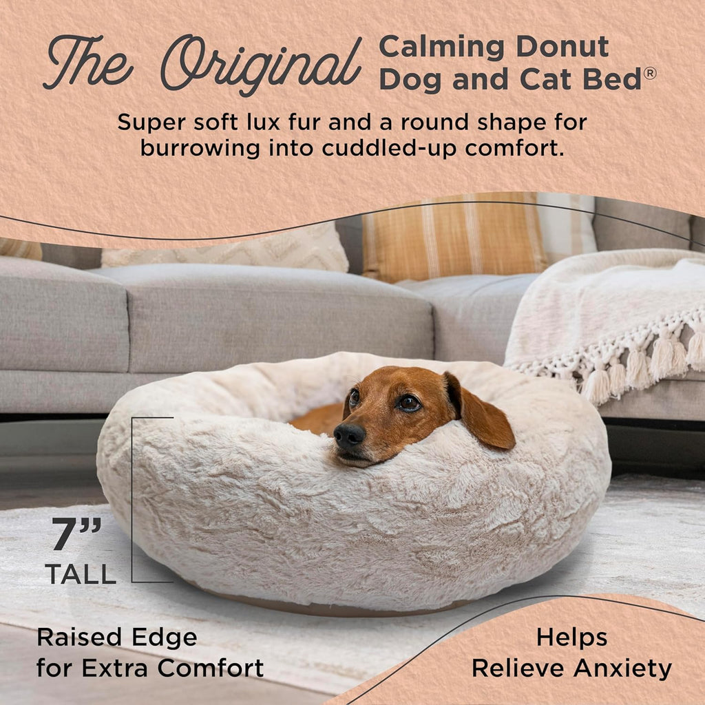 Best Friends by Sheri Original Calming Donut Dog and Cat Bed, Lux Faux Fur, Oyster, (23in x 23in) - Anxiety Relief for Pets Up to 25 lbs