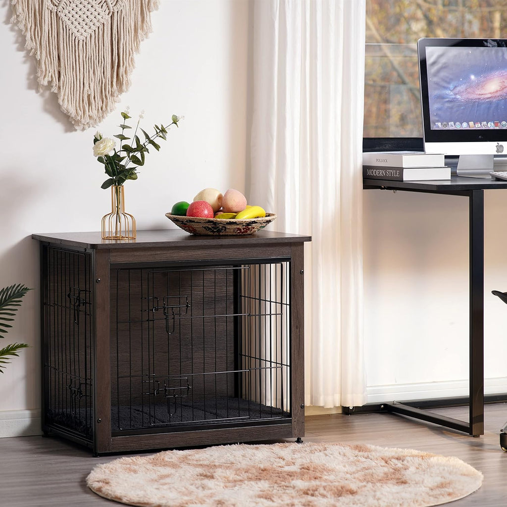 DWANTON Dog Crate Furniture with Cushion, Wooden Kennel Table with Double Doors, Indoor Dog House, Small/Medium/Large/Extra Large Size, 27.2" L, Dark Gray