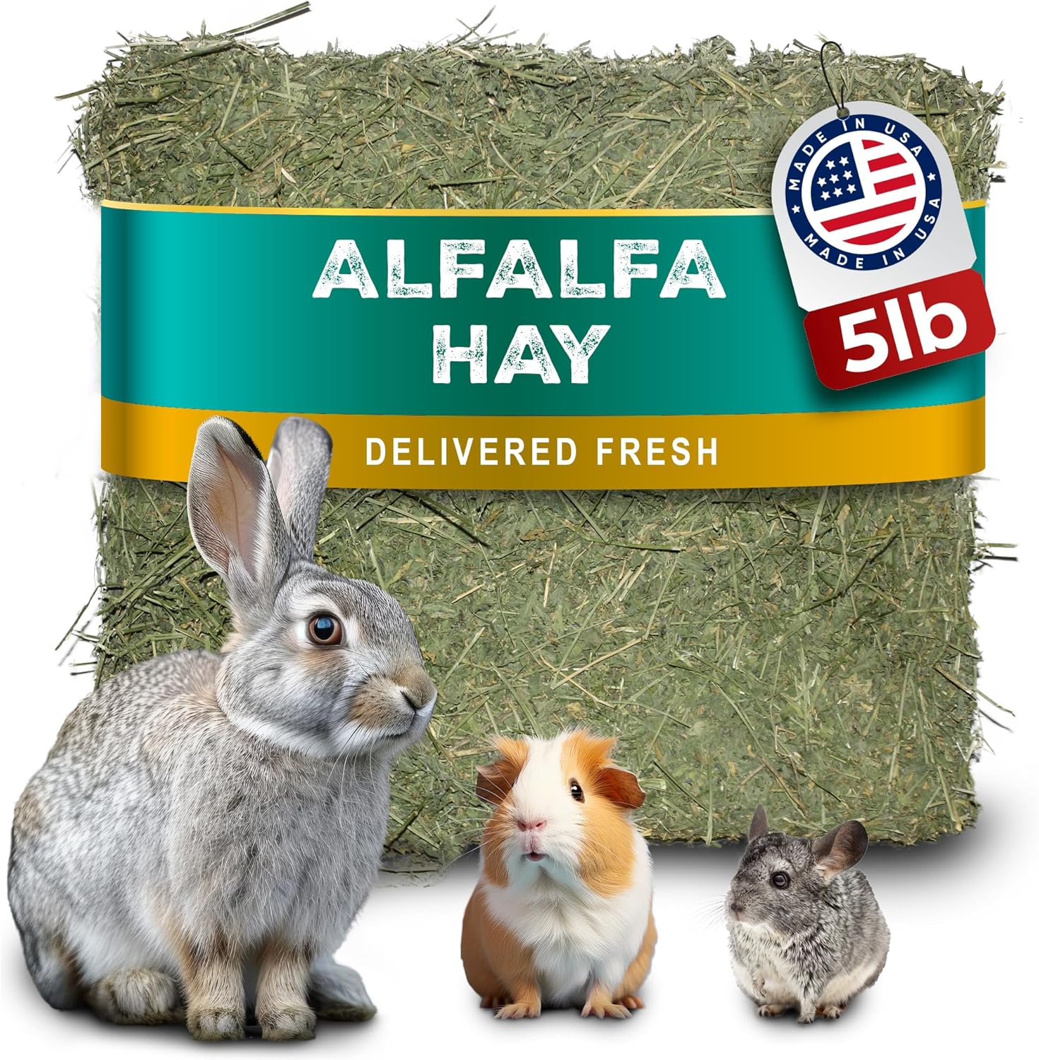 5lb Freshly Dried Organic Alfalfa Hay for Guinea Pigs, Rabbits, Chinchillas, Goats, Hamsters & Ferrets, Small Animal Food Rich in Protein & Fiber, Hand-Selected, Hand Sorted, USA Grown