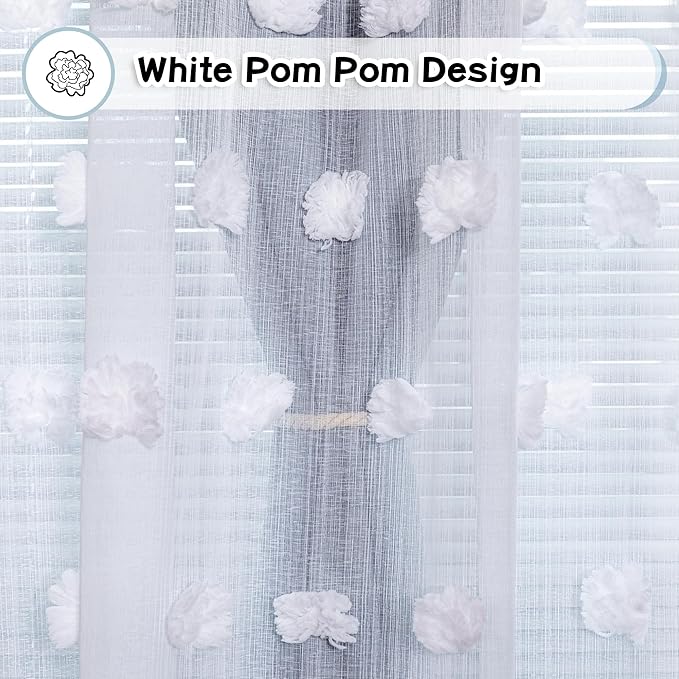 MYSKY HOME Dusty Blue Living Room Curtains 90 Inch Long Double Layer Blackout Curtains for Bedroom White Pom Pom Sheer Curtains for Kids Room Darkening Grommet Top Nursery Window Panels 52 x 90 in