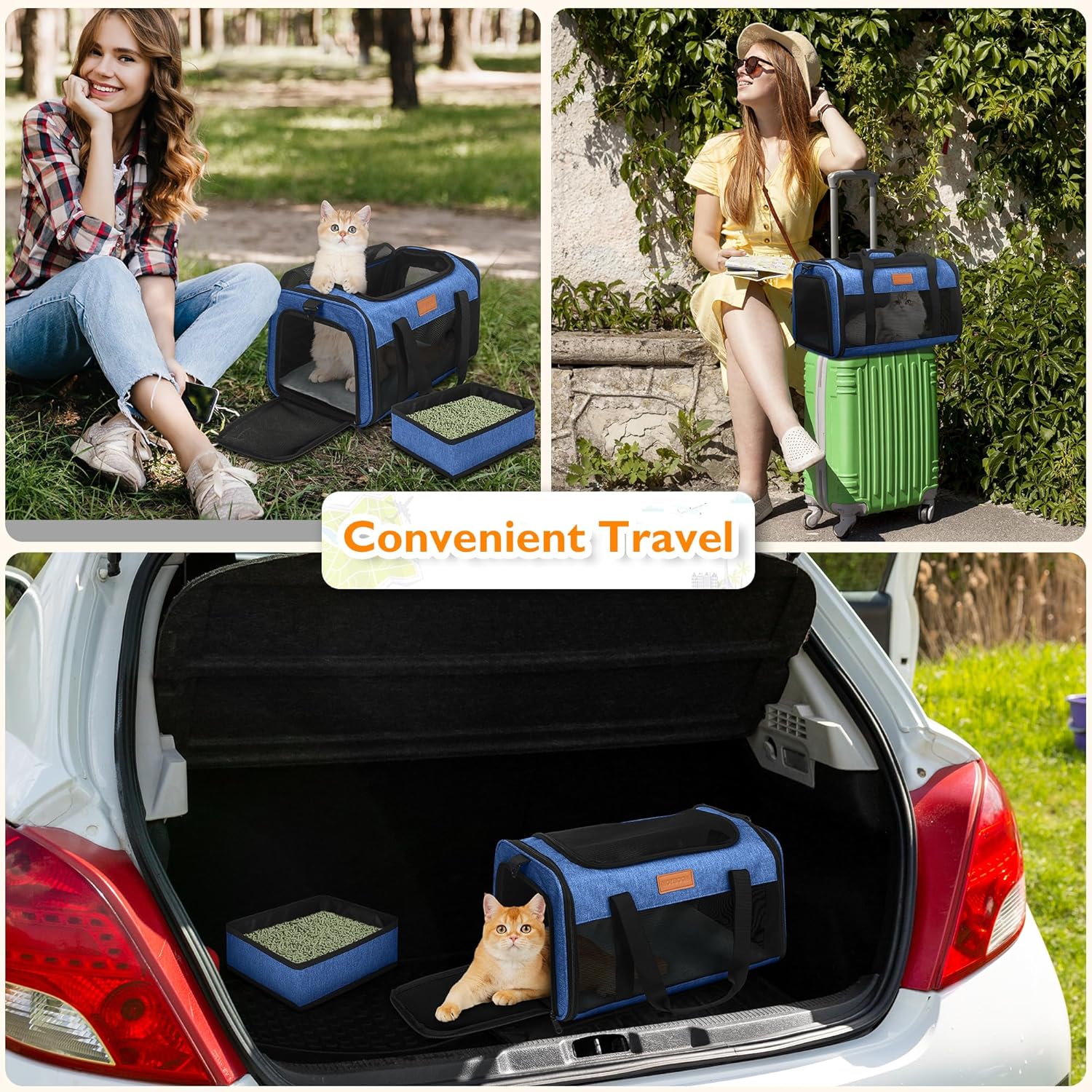 PETUX TSA Approved Pet Carrier in Cabin, 17"x11"x9.5" Soft Cat Carriers for Small Cats up to 12 lb, Top-Open Portable Dog Carrier with Litter Box and Anti-Scratch Mesh for Puppy up to 10 lb (Blue)