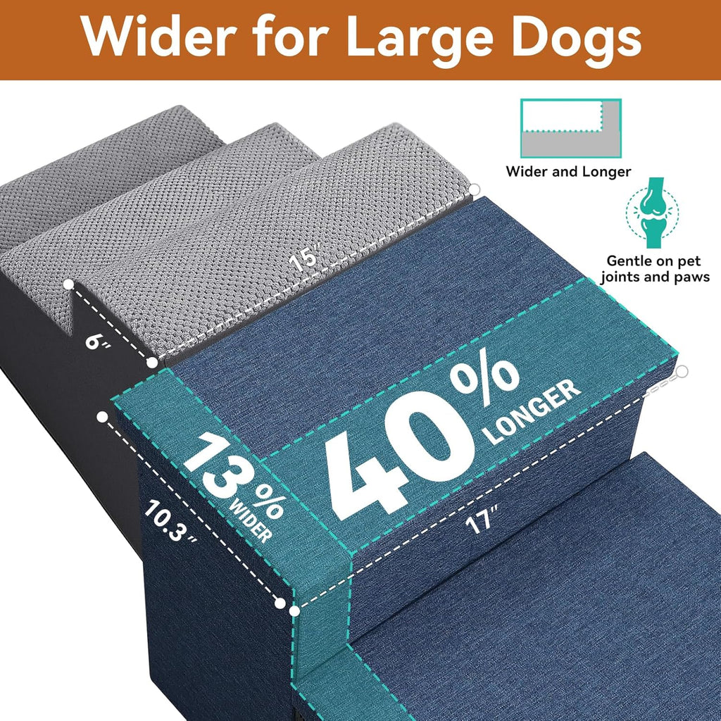 Dog Stairs with Storage 18" H, 3-Step Wider Dog Steps for Small/Medium/Large Dogs Cats, Folding Sturdy Pet Stairs Climbing Bed or Sofa, Ramp for Car Hold Up to 200 lbs (Navy Blue, No Condo)