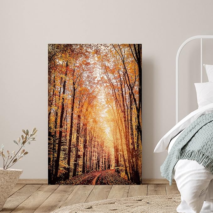 SIGNWIN Canvas Print Wall Art Rustic Trail Red Autumn Forest Nature Wilderness Photography Modern Art Farmhouse/Country Landscape Colorful Multicolor Ultra for Living Room, Bedroom, Office - 12x18