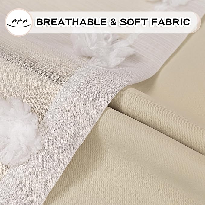 MYSKY HOME Beige Curtains for Living Room 90 Inches Long Nursery Curtains for Bedroom Double Layer Curtains White Pom Pom Sheer Curtains for Dining Room Grommet Room Darkening Window Panels W52 X L90