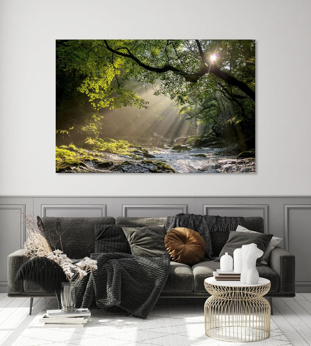 Nature Wall Art Prints - Ocean Forest Mountain Lake Canvas Landscapes - Small to Extra Large Living Room Bedroom Kitchen Bathroom Décor (Rocky River in the Woods, 28L" x 41W")