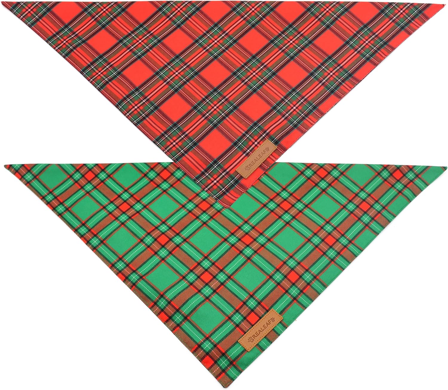 Realeaf Christmas Dog Bandanas 2 Pack, Reversible Red Green Plaid Dog Scarf, Xmas Pet Bandana for Boy and Girl, Premium Durable Fabric, Holiday Check Bandana for Medium and Large Dogs Pets (Large)