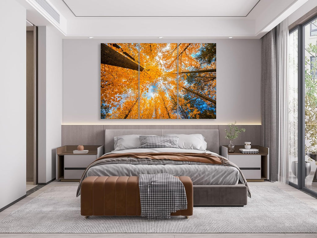 Nature Wall Art Prints - Ocean Forest Mountain Lake Canvas Landscapes - Small to Extra Large Living Room Bedroom Kitchen Bathroom Décor (Blue Sky Through Yellow Autumn Trees, 55L" x 83W"- 3 Panels)