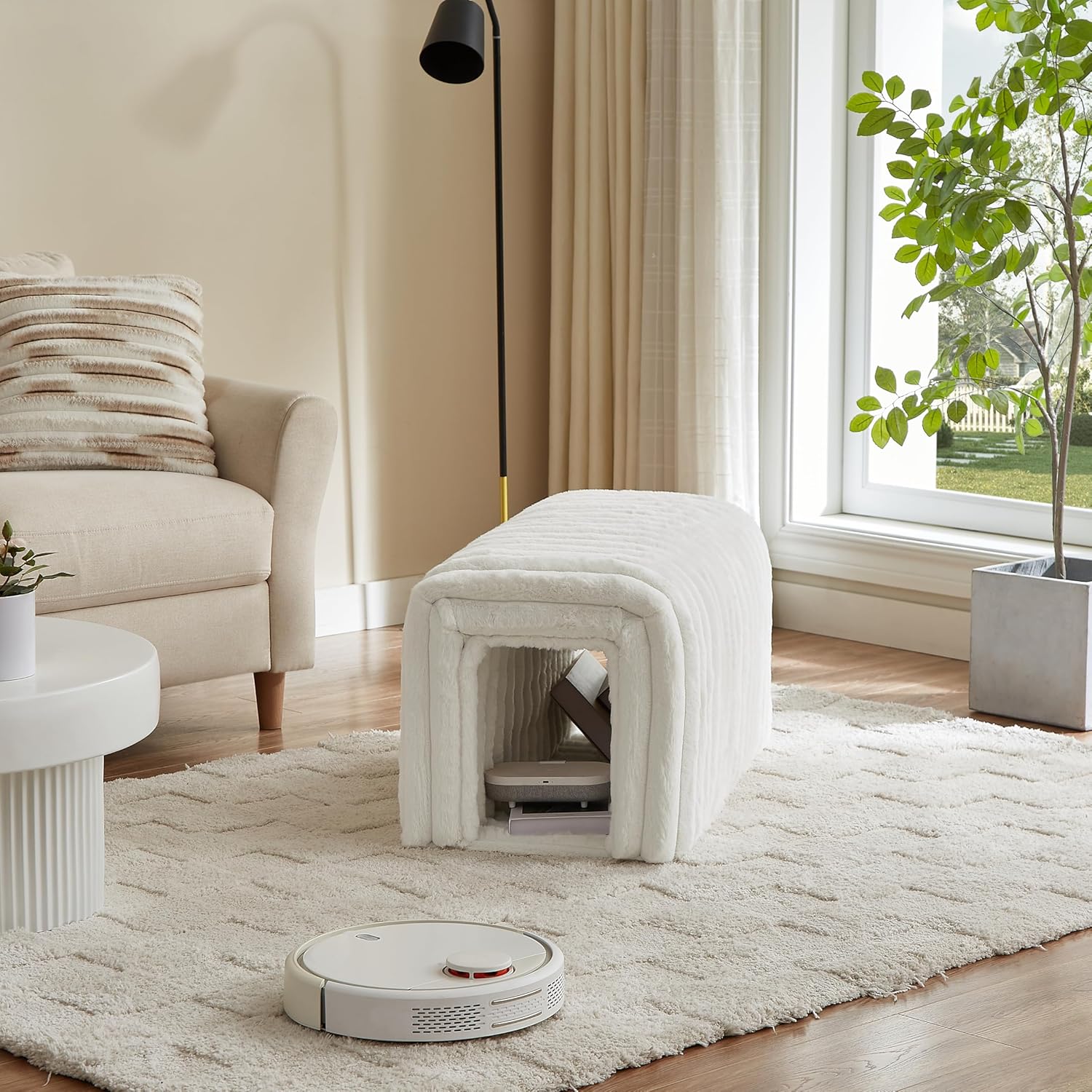 Storage Bench Pet Supplies Corduroy Bench Cat's nest to Hide for The Living Room, Entryway and Bedroom (Beige)