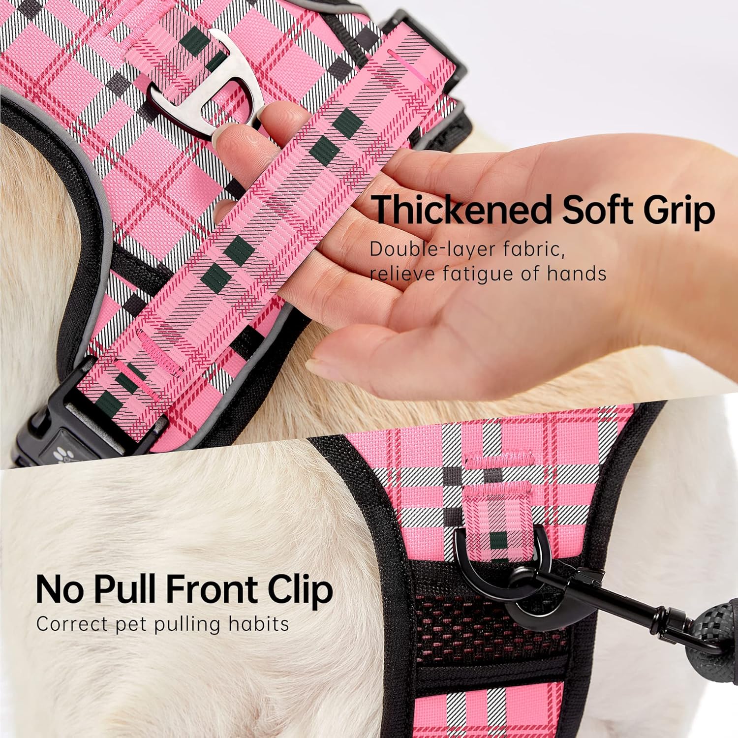 NESTROAD No Pull Dog Harness with Leash, Reflective No Choke Pet Vest Harness,Adjustable Soft Padded Dog Harness with Easy Control Handle for Large Dogs(Checkered Pink,X-Large)