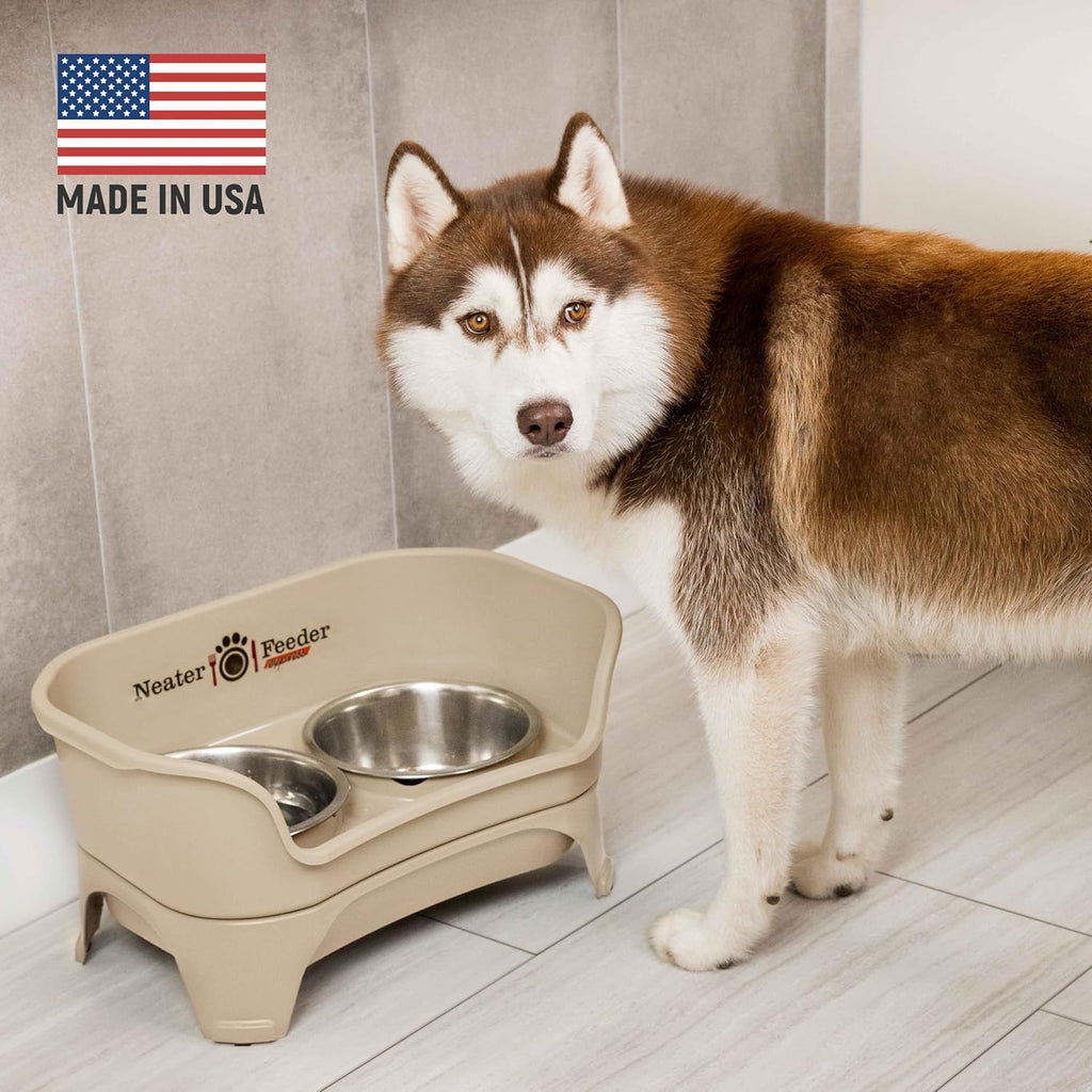 Neater Feeder Express Mess Proof Dog Bowls Elevated for Medium and Large Breed – Made in USA – No Spill Raised Slow Feeder Elevated Dog Bowl Stand, Slow Feed Food and Water Bowl Set, Almond