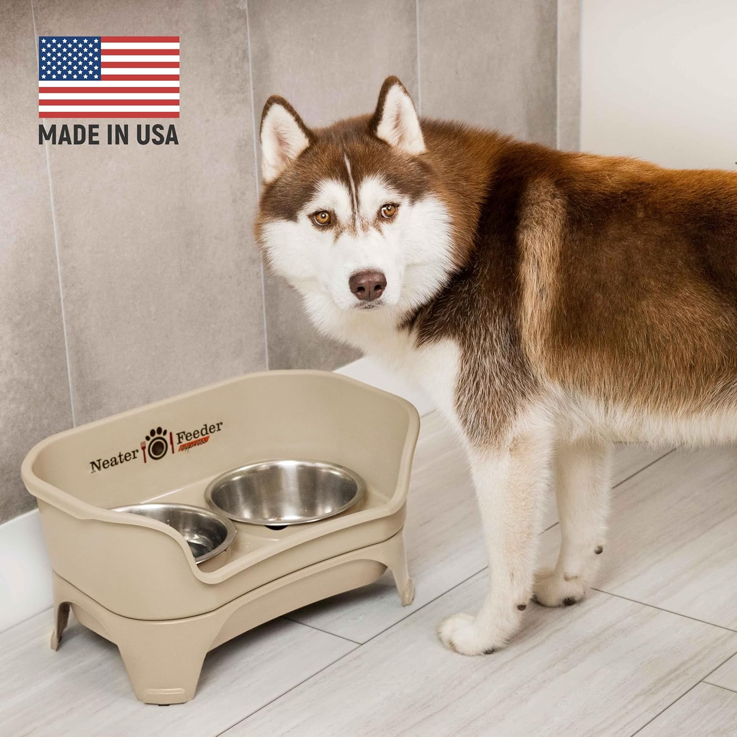 Neater Feeder Express Mess Proof Dog Bowls Elevated for Medium and Large Breed – Made in USA – No Spill Raised Slow Feeder Elevated Dog Bowl Stand, Slow Feed Food and Water Bowl Set, Almond
