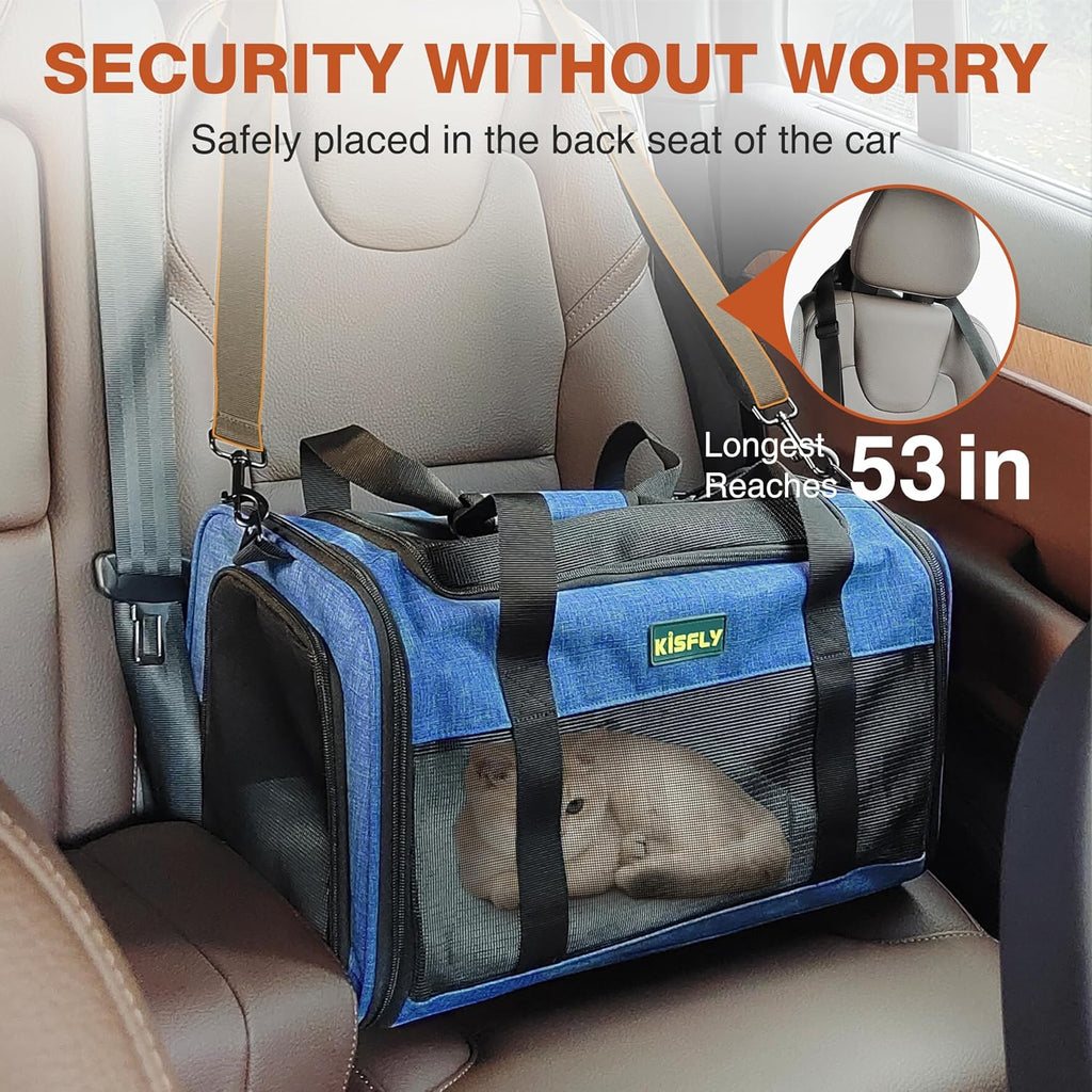 TSA-Approved Under-Seat Airline Pet Carrier – Soft-Sided, Foldable Travel Bag for Cats, Puppies, Rabbits & Hamsters (17"x11"x9.5"), Fits Pets up to 12 lbs, Blue
