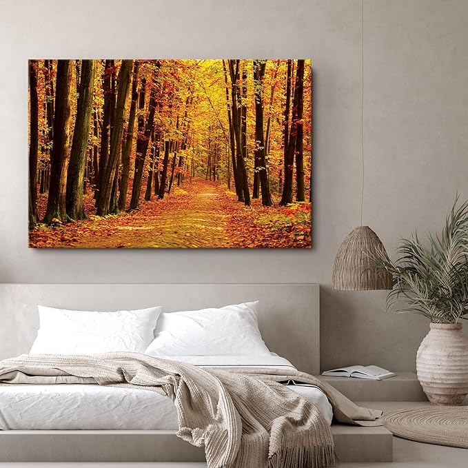 SIGNWIN Canvas Print Wall Art Walk Through Red Yellow Leaf Autumn Forest Nature Wilderness Photography Modern Art Rustic Landscape Relax/Calm Multicolor for Living Room, Bedroom, Office - 32x48
