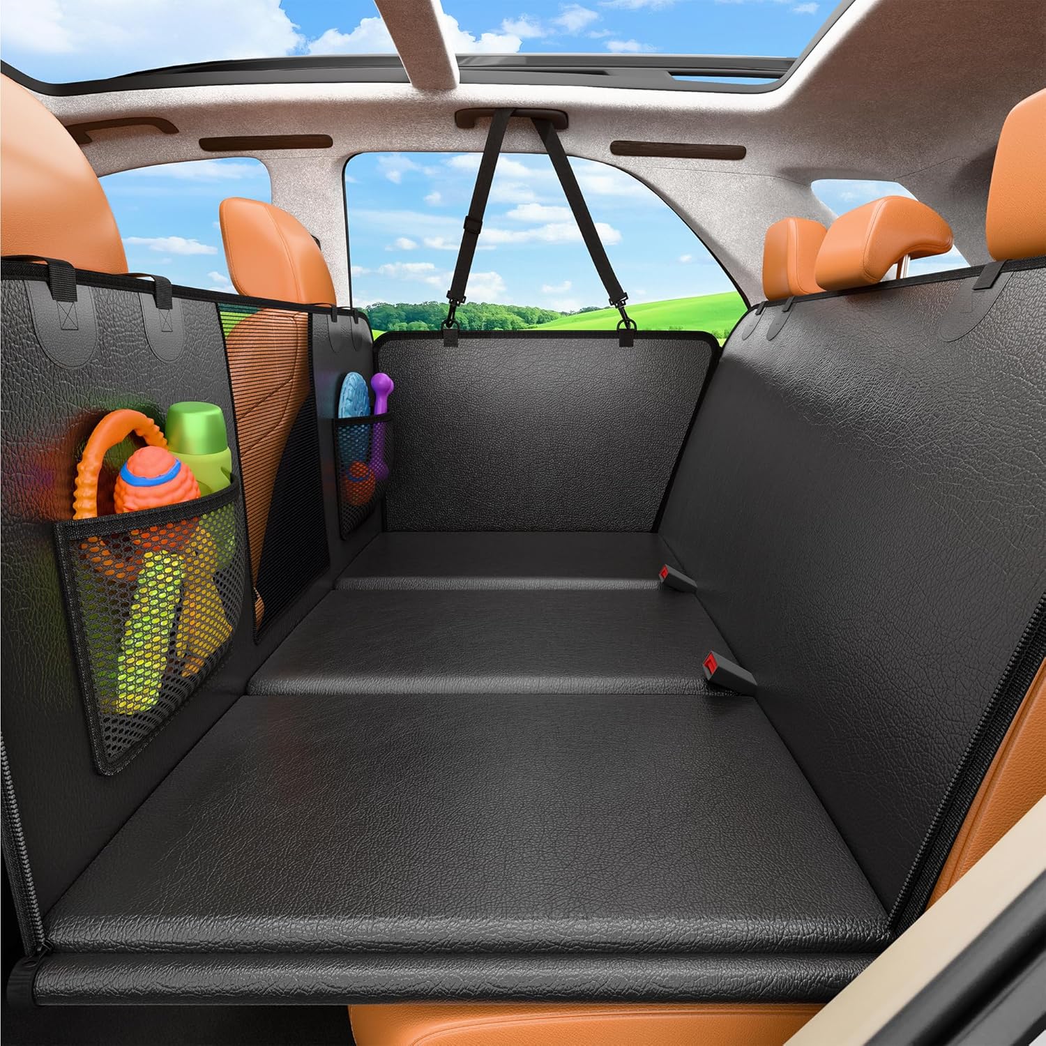 URPOWER PU Leather Back Seat Extender for Dogs – Hard Bottom Dog Car Seat Cover Holds 400 lbs, Anti-Scratch & Waterproof Dog Hammock for Full Size SUVs & Trucks, Dogs Car Bed Pet Backseat Protector