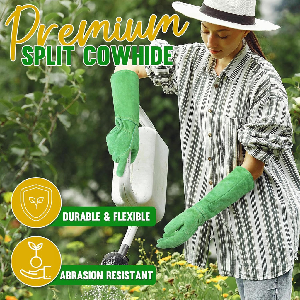 HANDLANDY Leather Gardening Gloves, Thorn Proof Long Gauntlet Heavy Duty Garden Gloves, Elbow Length Rose Pruning Weeding Yard Glove (Small, Green)