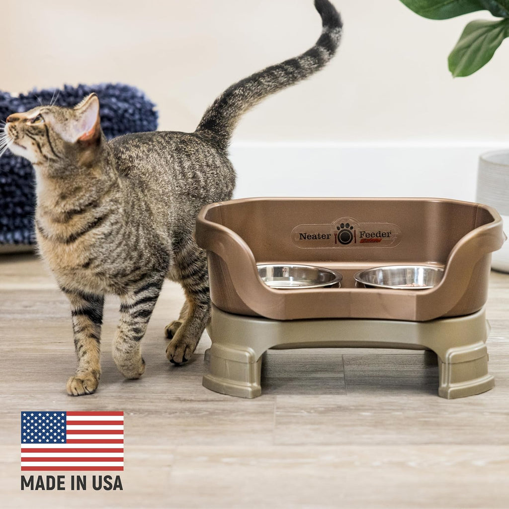 Neater Feeder Deluxe Mess Proof Cat Bowls Elevated for All Breeds – Made in USA – No Spill Raised Cat Bowls for Indoor Cats w/Leg Extensions – Stainless Steel Cat Food and Water Bowl Set - Bronze