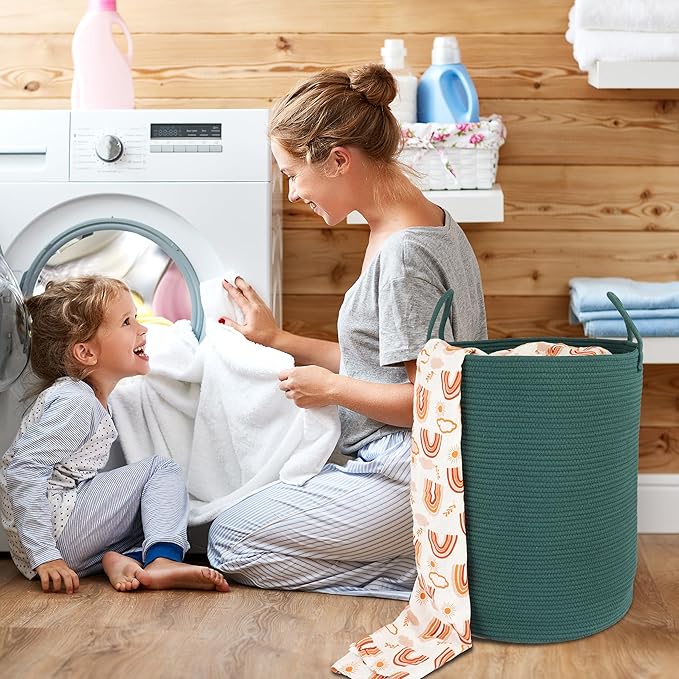 Cotton Rope Laundry Basket Hamper for Clothes Woven Storage Basket for Living Room Bedroom Boho Tall Rope Baskets for Blanket Toys Pillow Towels Baby Nursery Hamper Bin Large dark green
