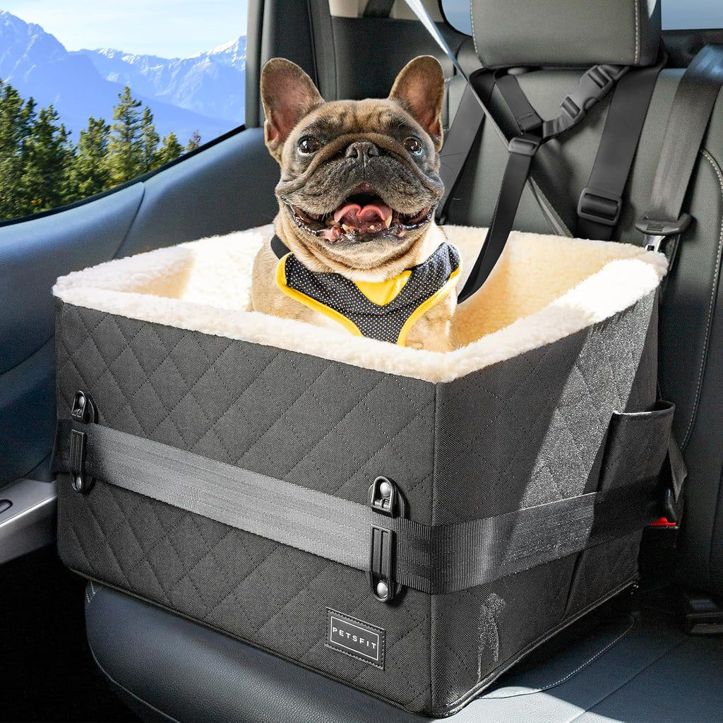 PETSFIT Dog Car Seats for Small Dogs, Soft Foam Dog Booster Seat with Patented Safety Buckles, Storage Pockets and Detachable Clip-On Safety Leash, Dog Car Seat for Medium Dogs 30 LBS (Black)