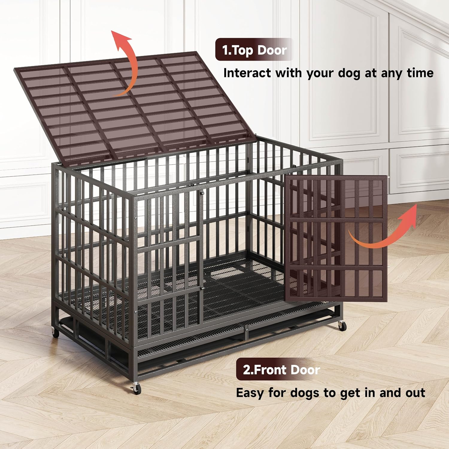 48 Inch Heavy Duty Indestructible Dog Crate Steel Escape Proof, High Anxiety Cage, Kennel with Wheels, Removable Tray, Extra Large XL XXL