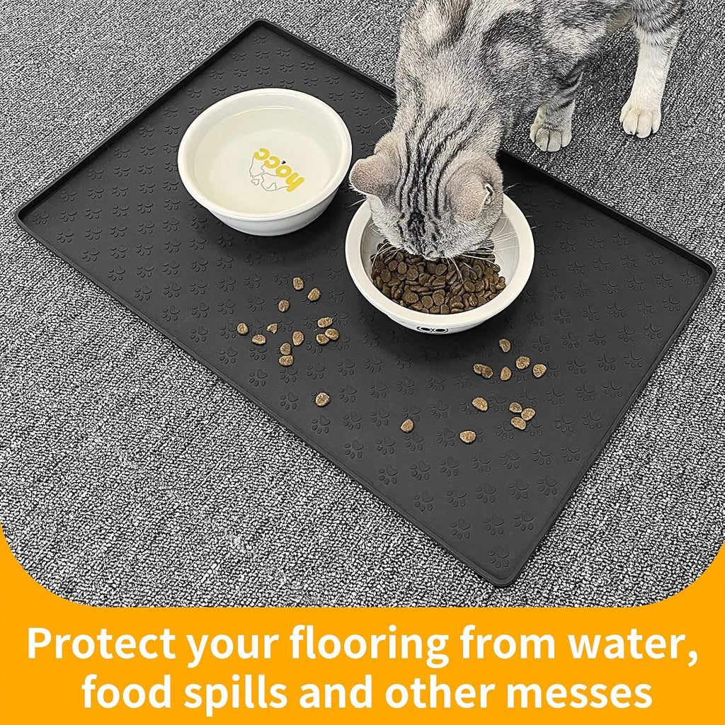 Ptlom Pet Placemat for Dog and Cat, Mat for Prevent Food and Water Overflow, Suitable for Small, Medium and Big Pet, 18" 12", Black, Silicone